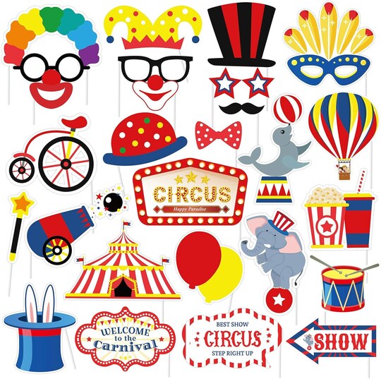 27-Piece Carnival Circus Photo Booth Props - DIY Birthday Party Decorations & Circus Theme Supplies - Includes Sticks & Adhesive for Weddings, New Year, and Grad Parties